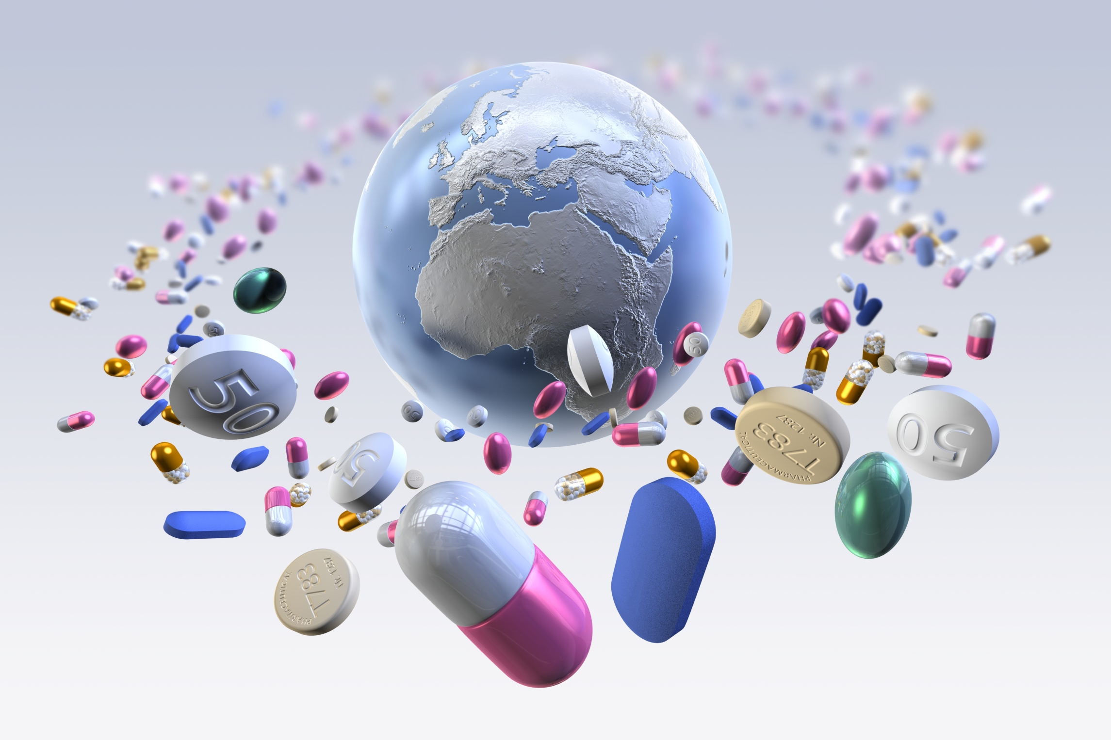 Pills and drugs orbit a globe with Europe Africa